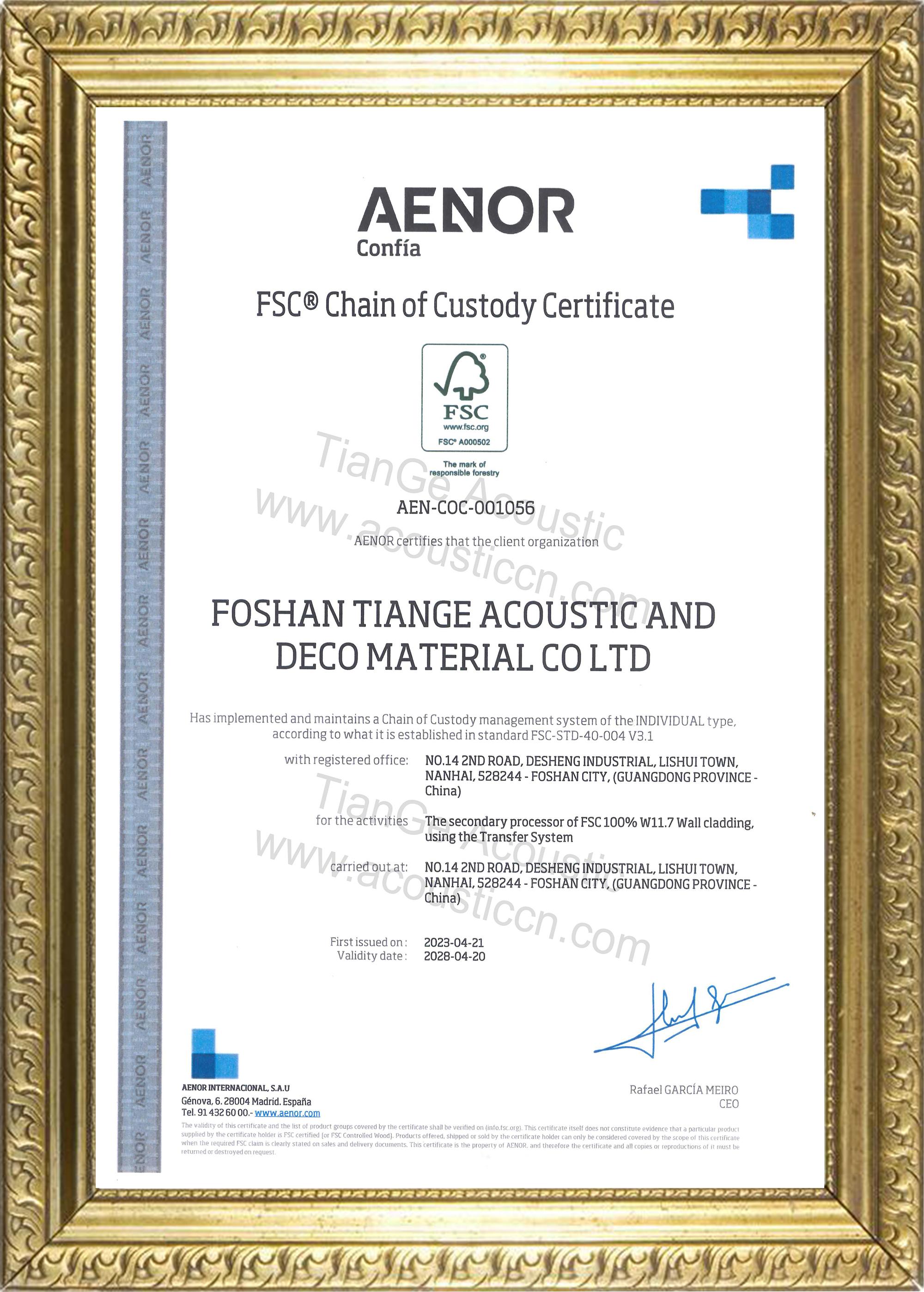 FSC Chain of Custody Certificate